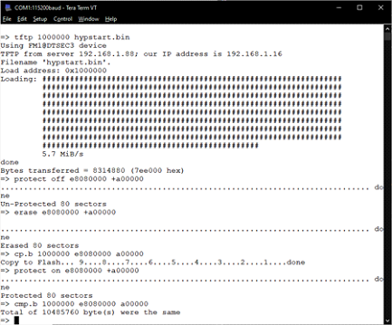 Tera Term serial session showing the tftp of hypstart.bin followed by the protect, erase, cp.b and cmp.b NOR flash commands