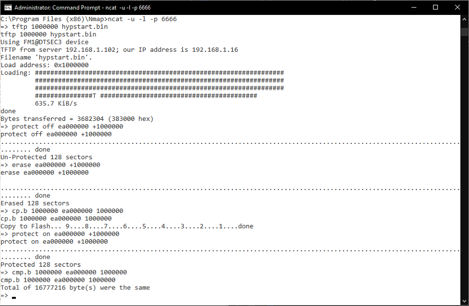 Windows command prompt running ncat -u -l -p 6666, showing the redirected U-Boot session flashing hypstart.bin