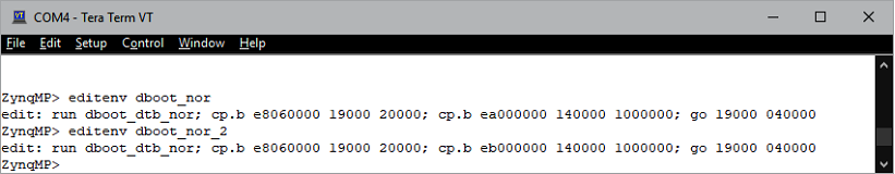 Tera Term session running editenv dboot_nor and editenv dboot_nor_2, showing the editable value of each variable