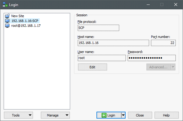WinSCP Login dialog with the target board IP entered as Host name and root as the user name