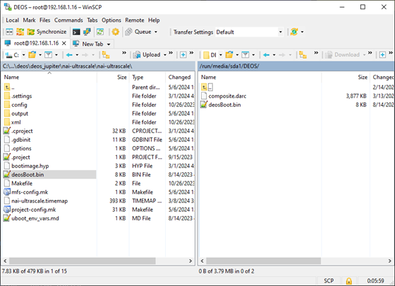 WinSCP file panes with deosBoot.bin selected on the host side and /run/media/sda1/DEOS open on the target side