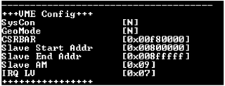 U-Boot VME configuration printout showing Slave Start Addr 0x00800000 and Slave End Addr 0x008fffff