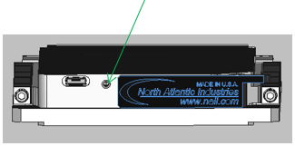 Side view of a 3U VPX power supply module with an arrow pointing to the Status LED on the top edge, next to the USB connector and the NAI label.